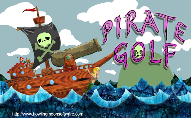 A brave and fearless pirate captain sails in front of a phantasm of text spelling out Pirate Golf